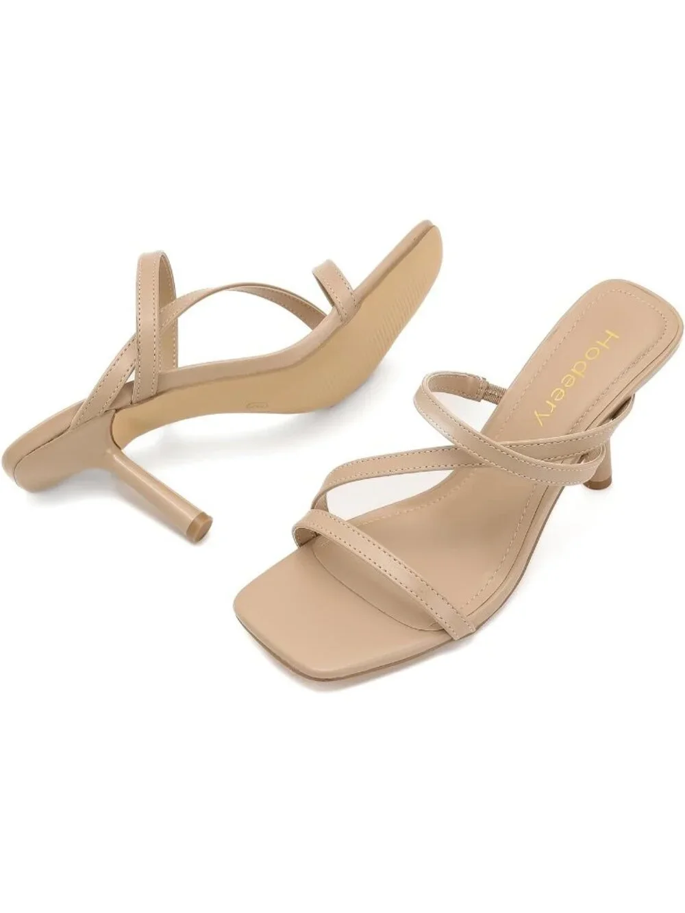 Women's Nude Faux Leather Square Toe Strappy 3 Inch Mules Stiletto High Heels